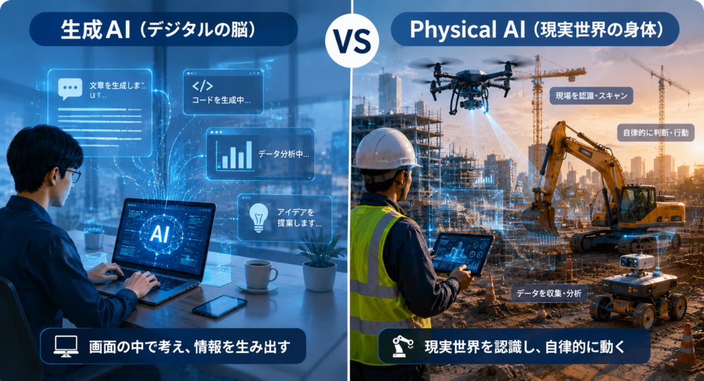 生成AIとPhysical AIの違いを比較したイラスト。左が画面上で動く生成AI、右が建設現場で自律的に動くPhysical AI。